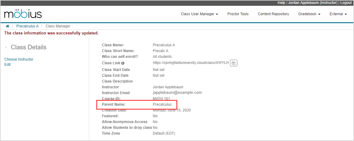 In the Class Manager list of details on the right, Parent Name is highlighted.